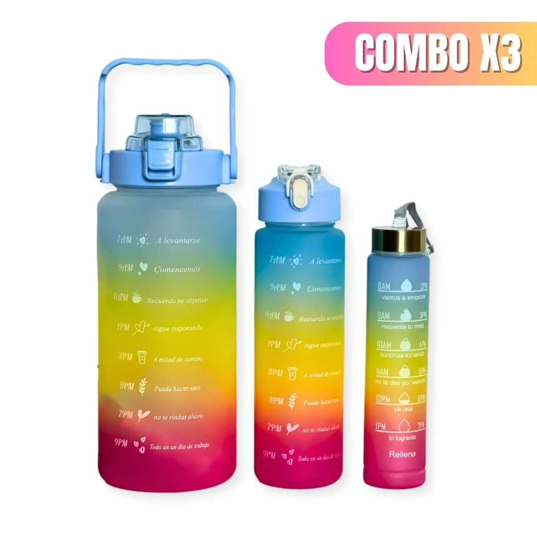 Termo Botella Agua Combo 2LT / 800ML / 300ML Motivacional Para Gimnasio