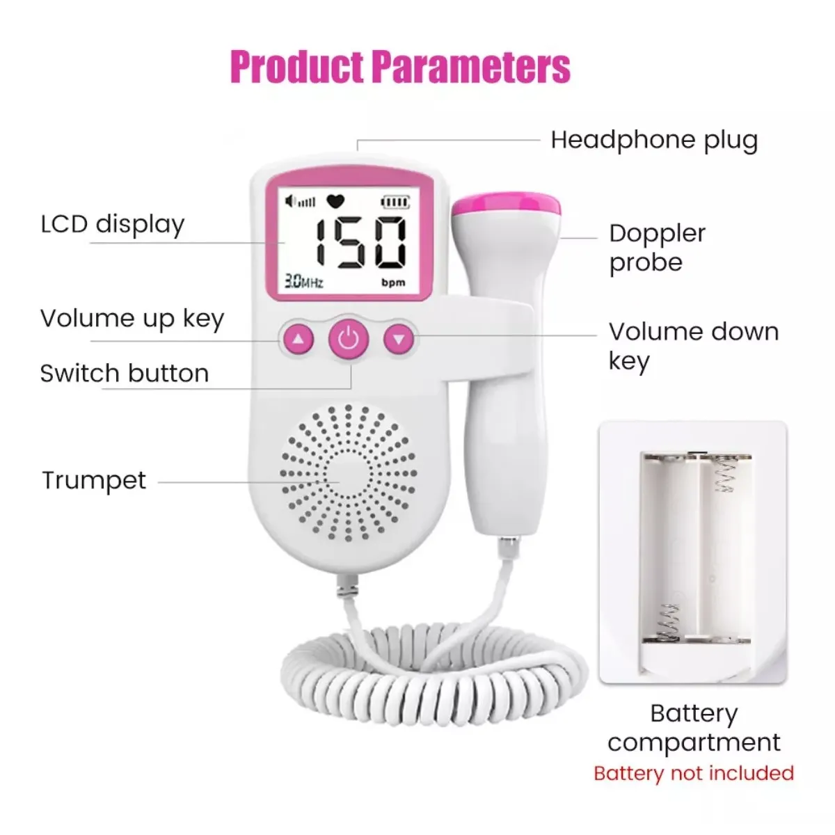 Doppler Fetal Lcd Ultrasonico Frecuencia Cardiaca Embarazo Rosado 