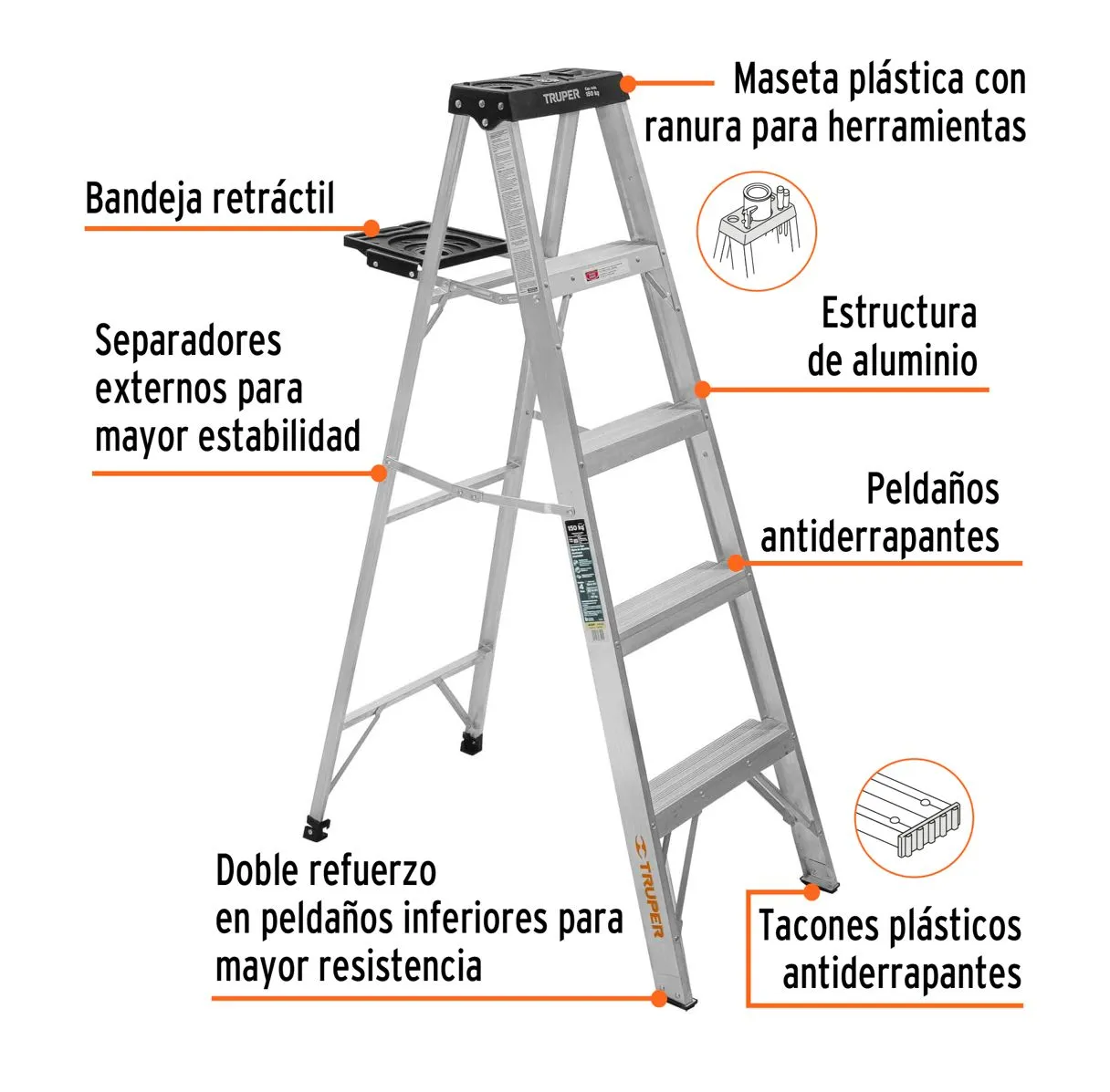 Escalera De 7 Escalones - 6 Peldaños Con Bandeja Tipo 3 Truper 