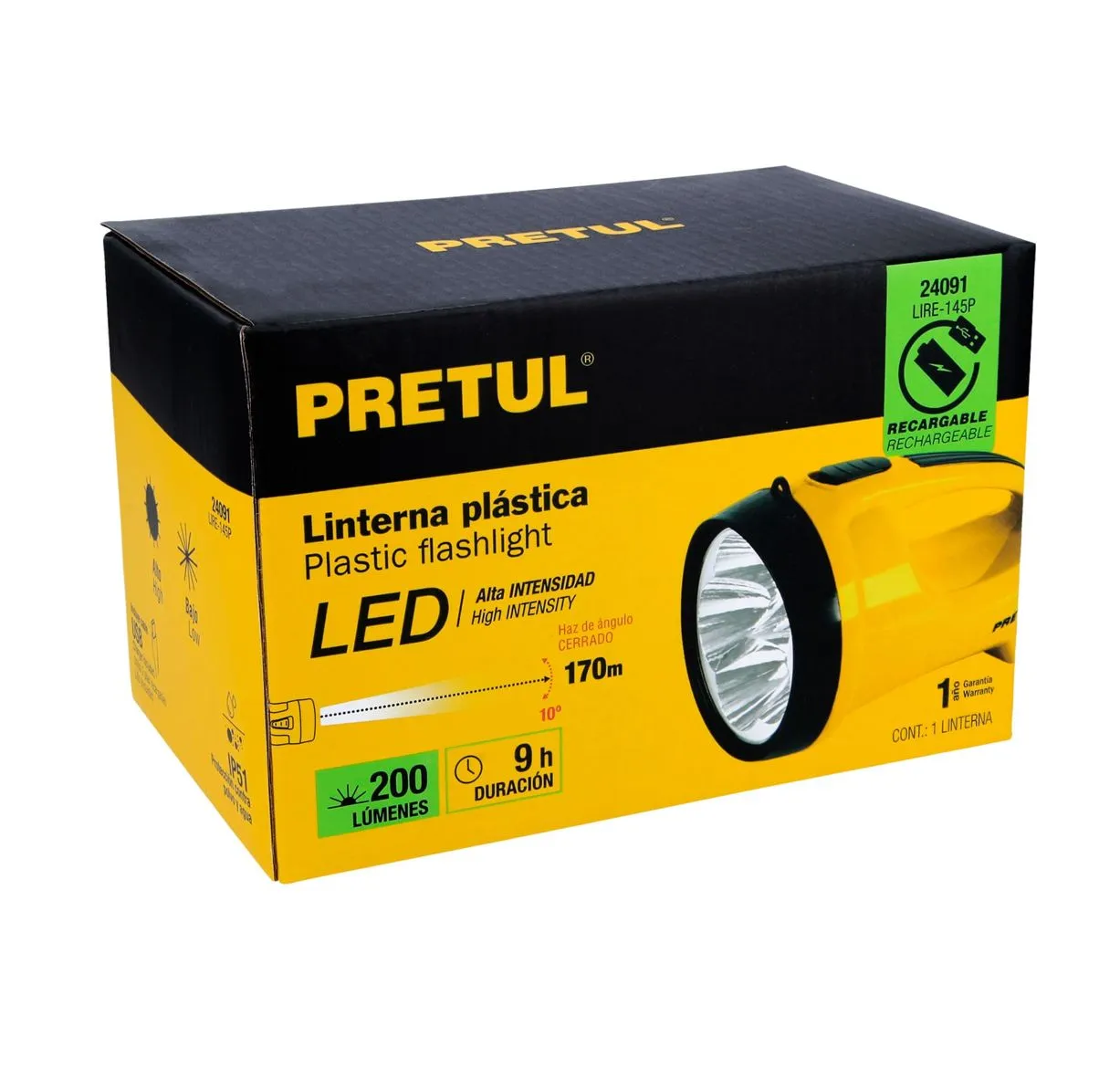 Linterna Led Recargable Alta Potencia  Alcance 170 Mts Pretul