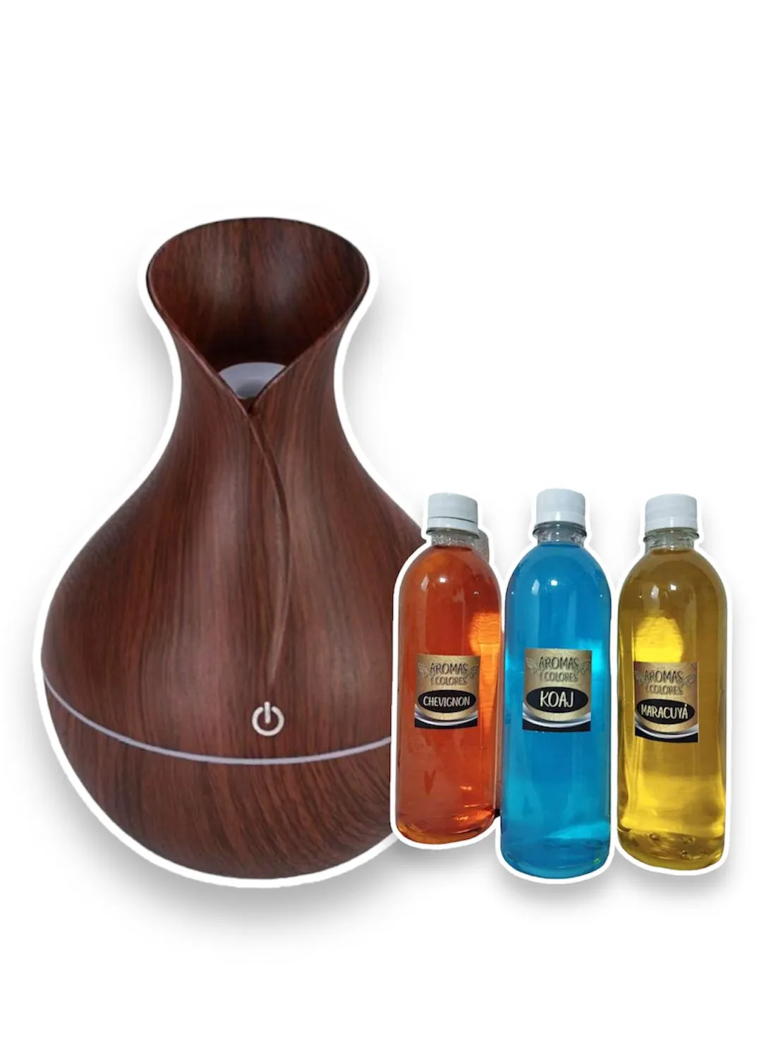 Humidificador Difusor De Aroma Estilo Jarrón Color Roble Oscuro + 3 Esencias Hidrosolubles Surtidas