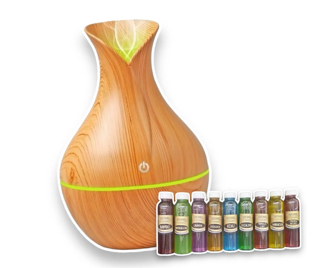 Humidificador Difusor De Aroma Estilo Jarrón Color Pino Melix + 9 Esencias Hidrosolubles Surtidas