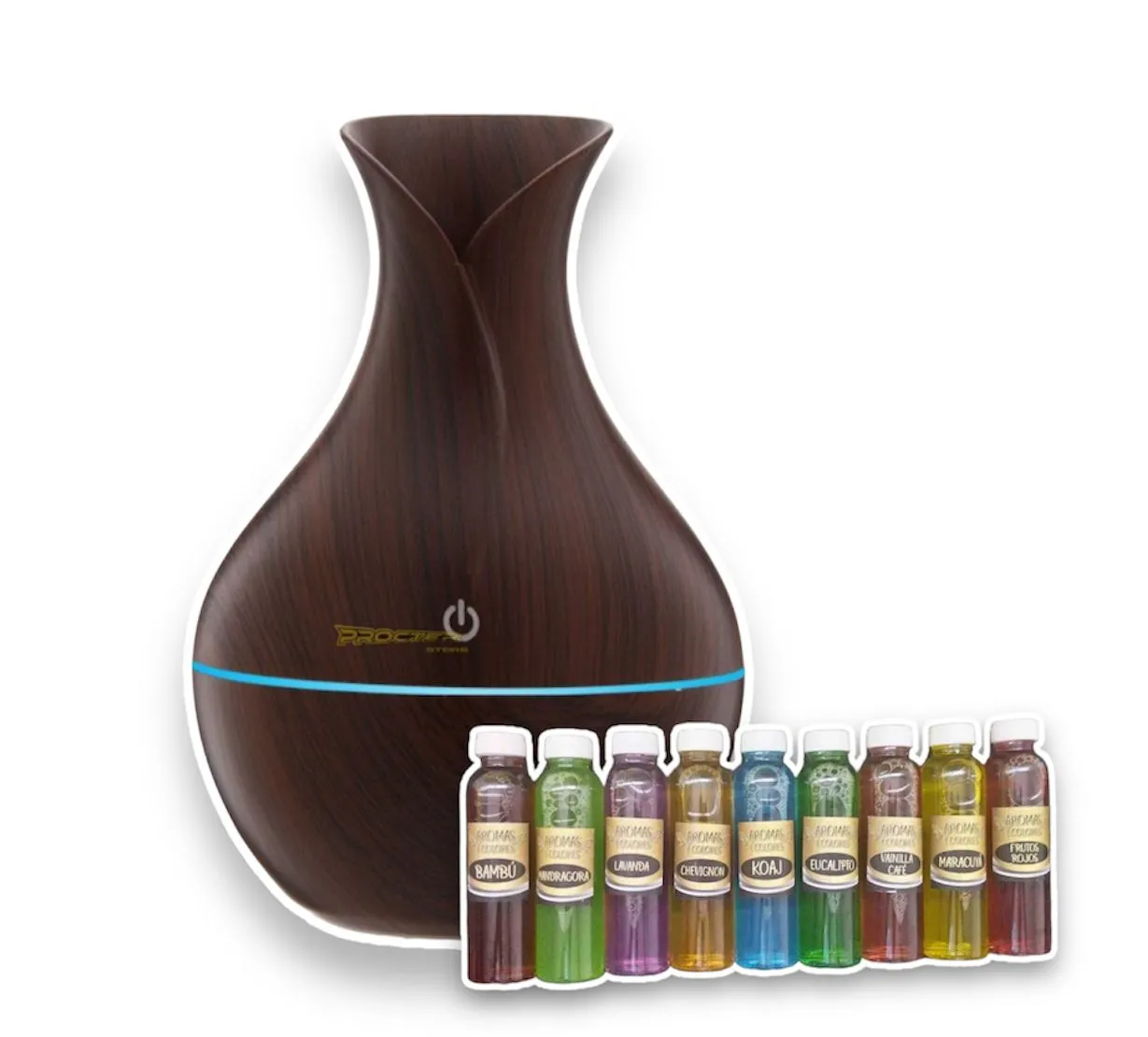 Humidificador Difusor De Aroma Estilo Jarrón Color Roble Oscuro + 9 Esencias Hidrosolubles Surtidas