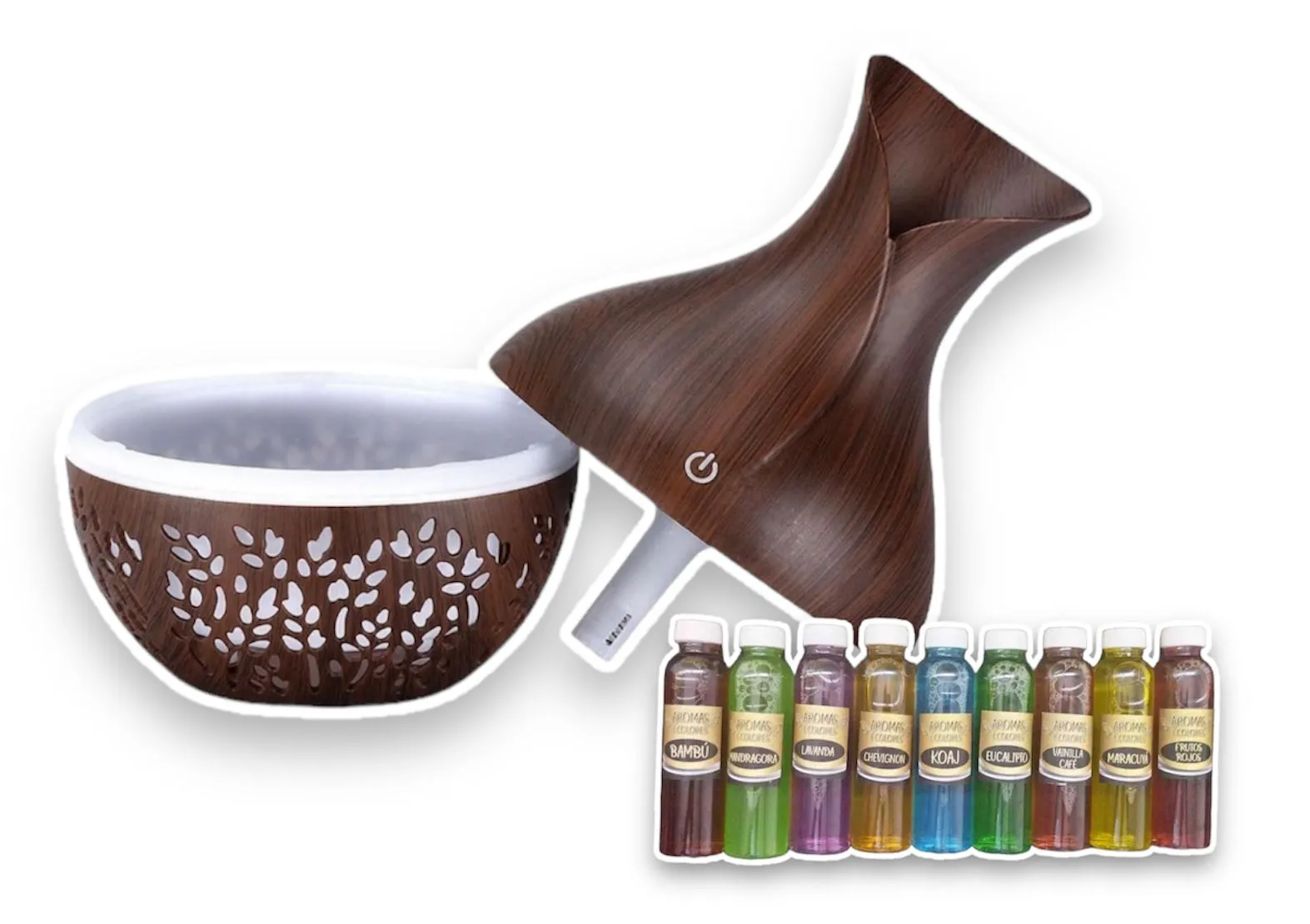 Humidificador Difusor De Aroma Estilo Jarrón Color Roble Oscuro + 9 Esencias Hidrosolubles Surtidas