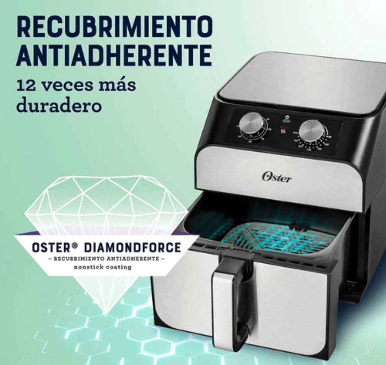 Freidora de Aire Oster DiamonForce Estilo Clásico De 6,8 Litros Plateado + Miel De Abejas 100% Pura