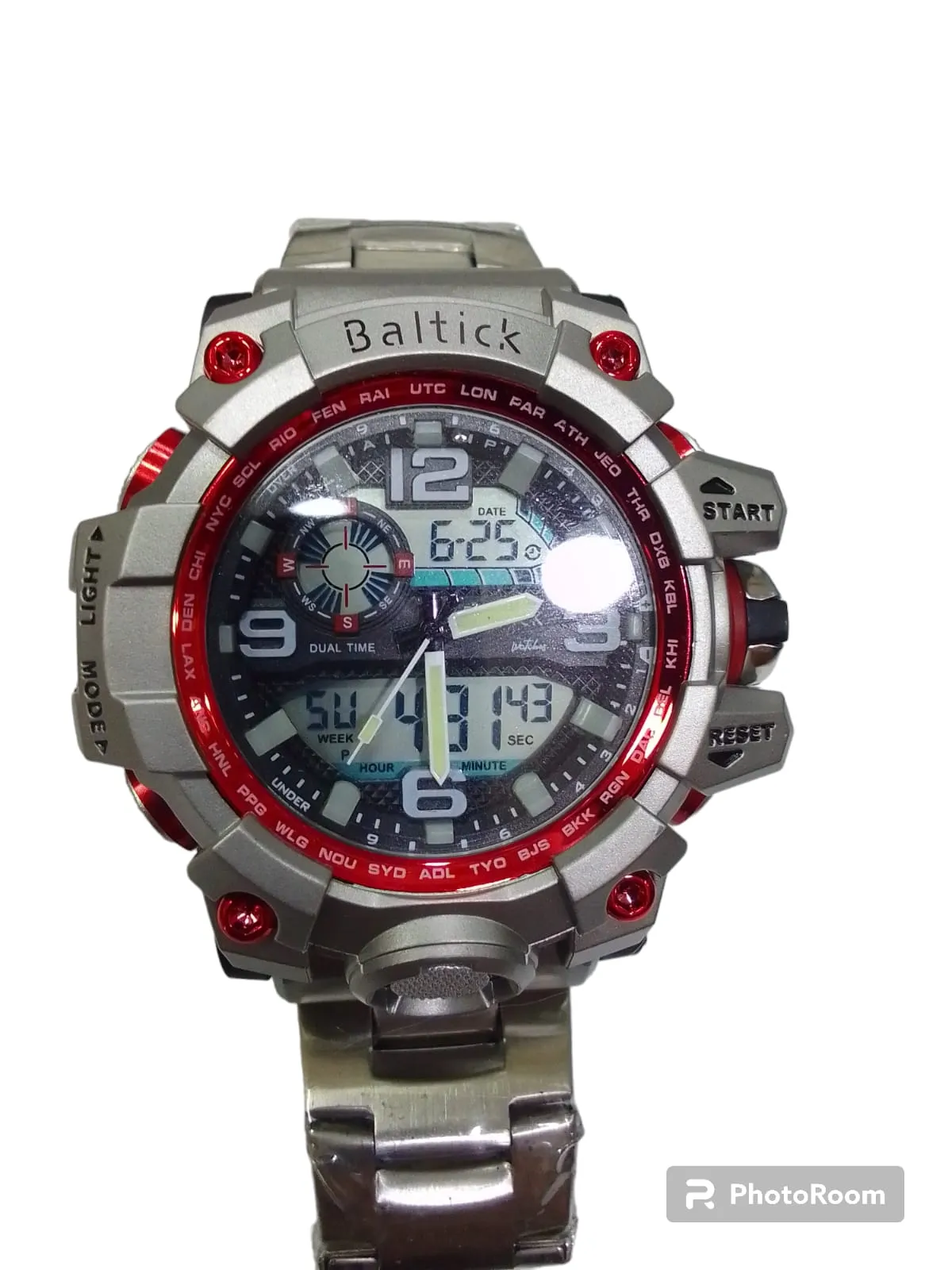 Reloj Baltick Caballero Plateado y Rojo Metalico 