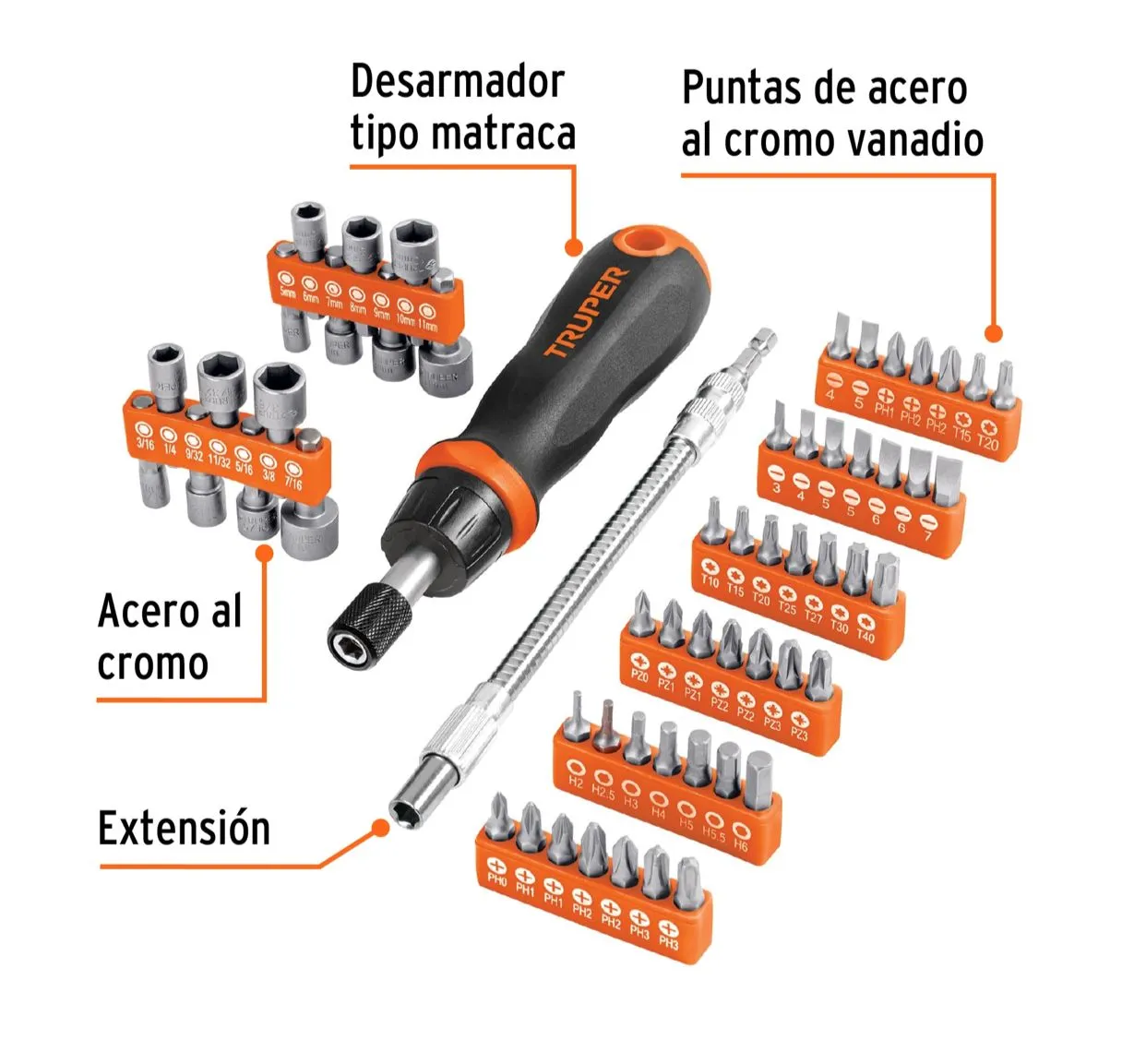 Destornillador Tipo Rache Con 42 Puntas, 14 Dados y Extensión Truper