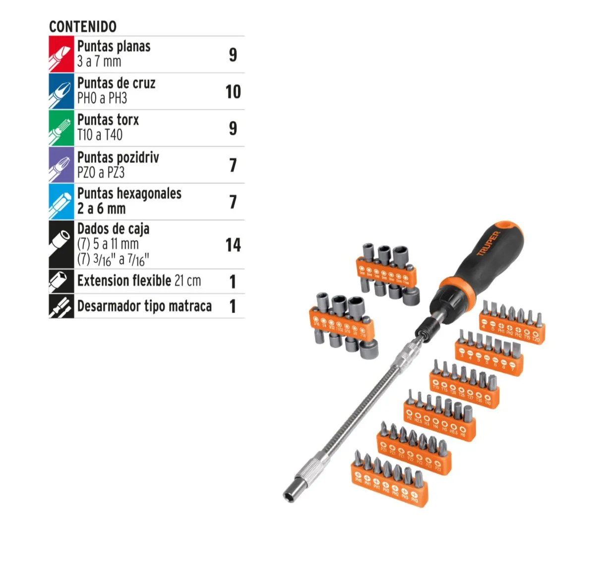Destornillador Tipo Rache Con 42 Puntas, 14 Dados y Extensión Truper
