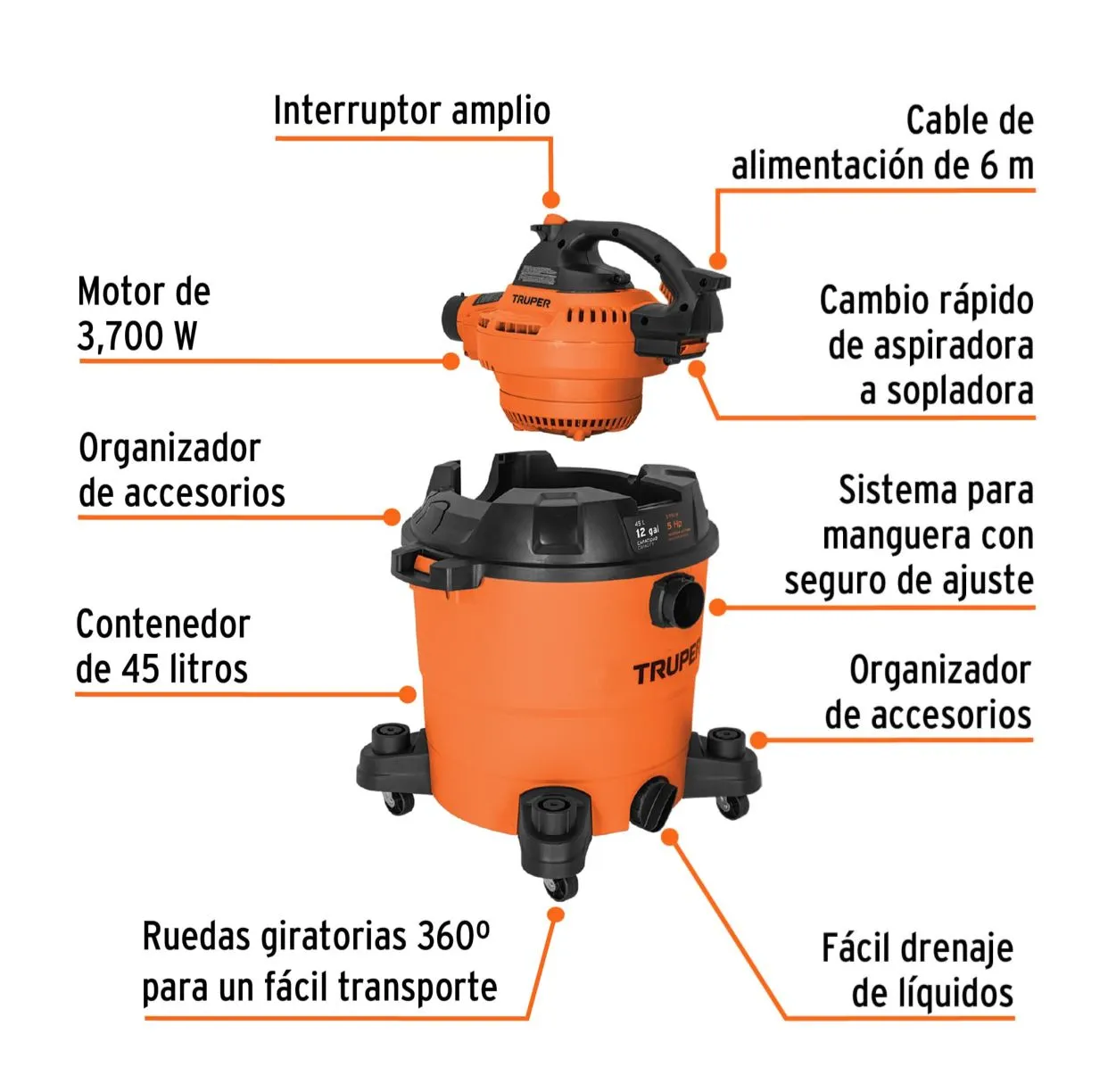 Aspiradora Y Sopladora 2 En 1 Sólidos Y Líquidos Capacidad 45 Litros Truper