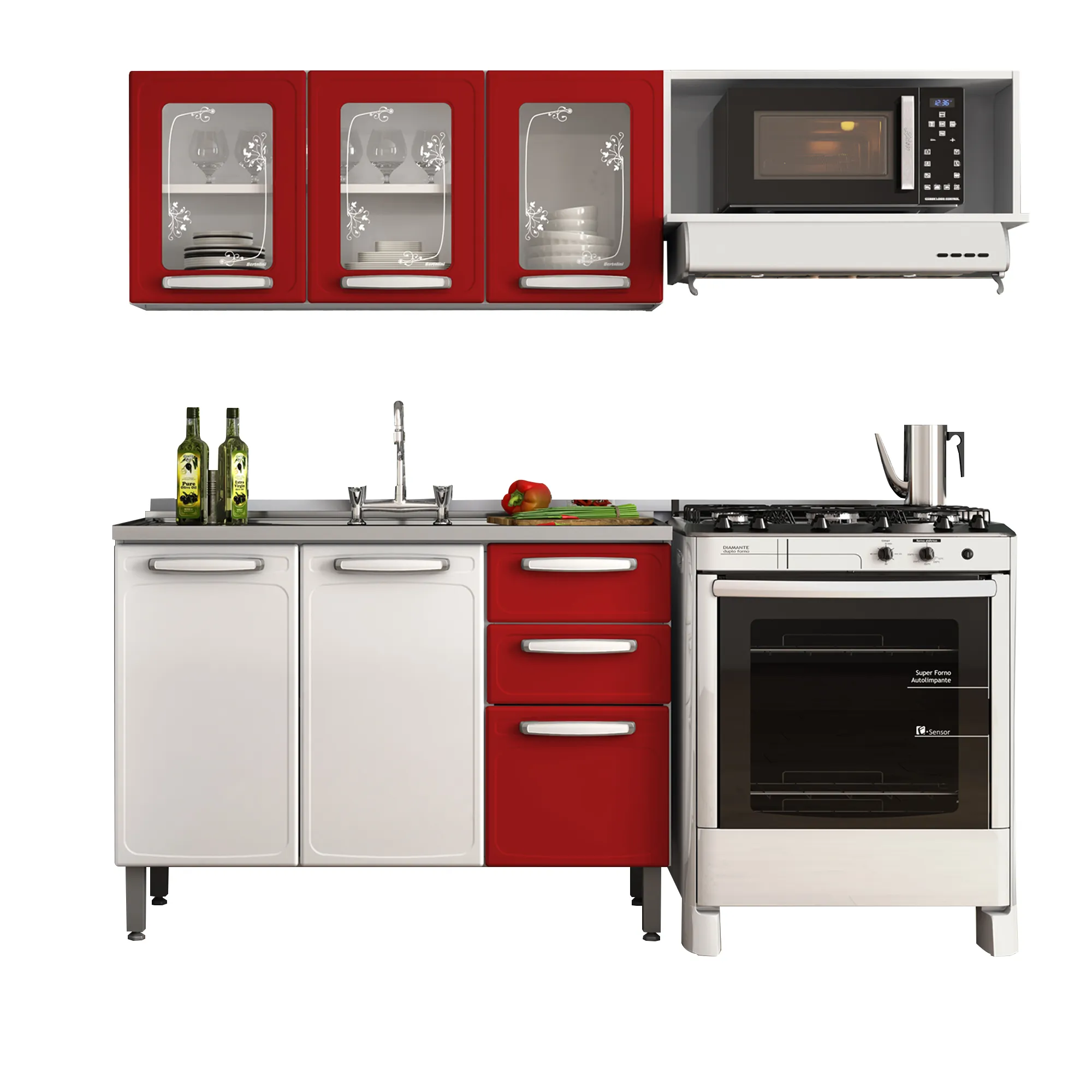 Cocina Integral Bertolini en Acero 1.80m Incluye Lavaplatos Rojo y Blanco