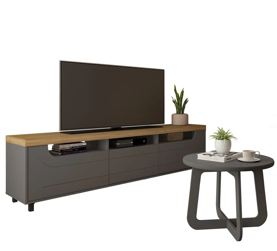 Combo mueble TV 75" incluye mesa centro en MDP Roble con gris