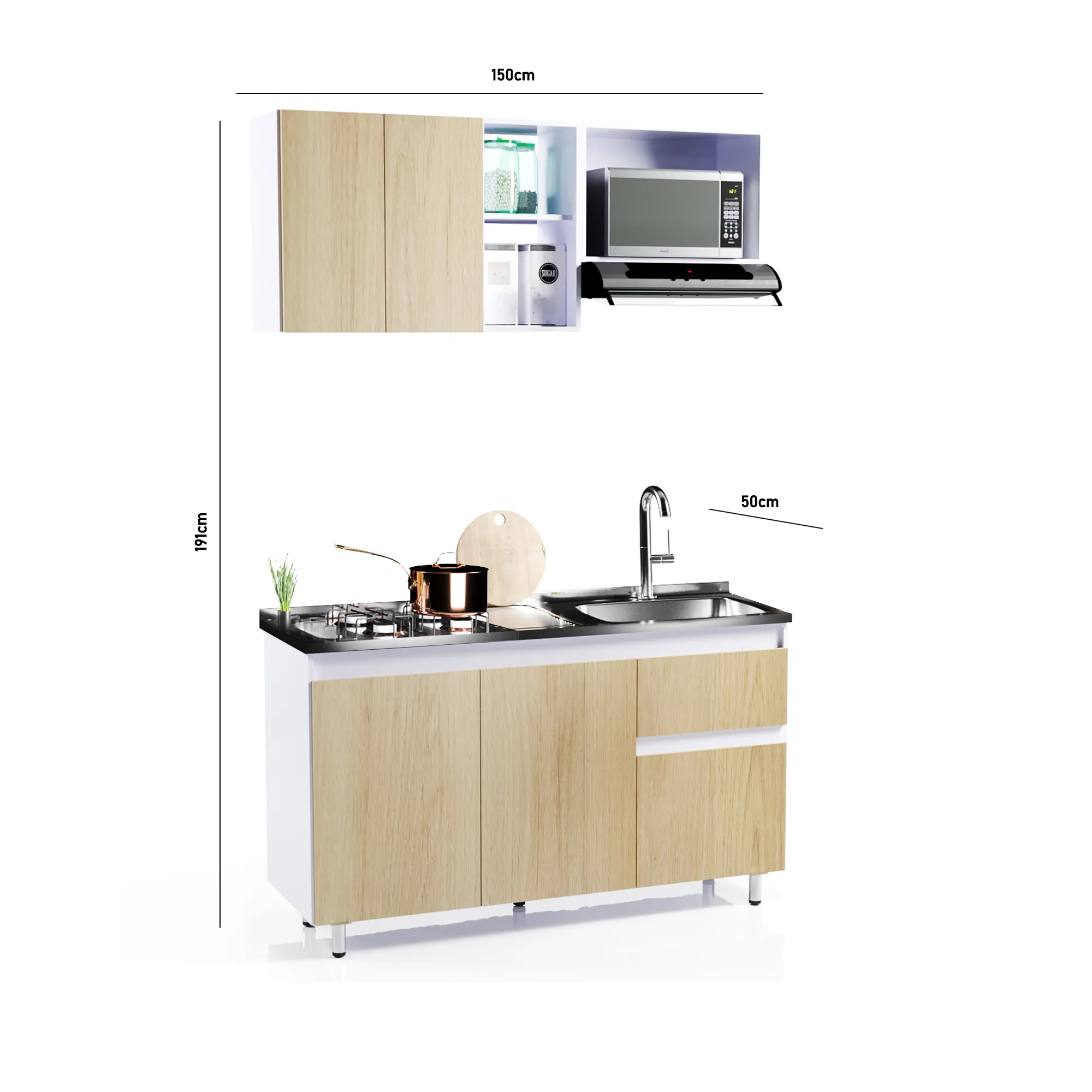 Cocina Integral Rosy 150cm Incluye Lavaplatos Derecho y fogones Rovere