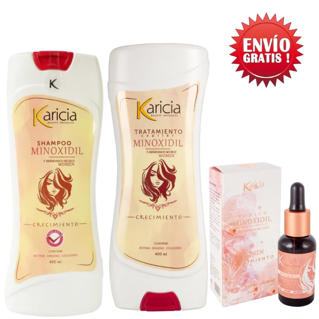 Kit Completo Shampoo Acondicionador Y Tónico Minoxidil Femenino Karicia