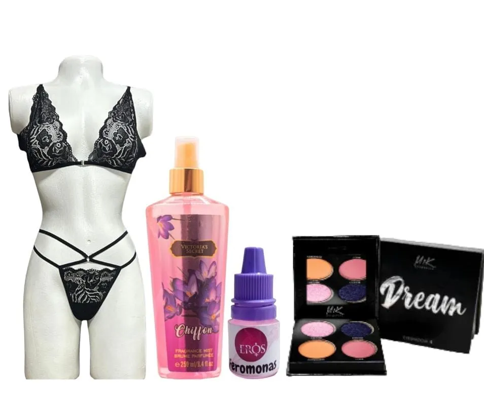 Lencería Sexy Para Dama + Splash Perfume Victoria Secret + Maquillaje Sombras Obsequio Feromonas Kit Valentin's Day