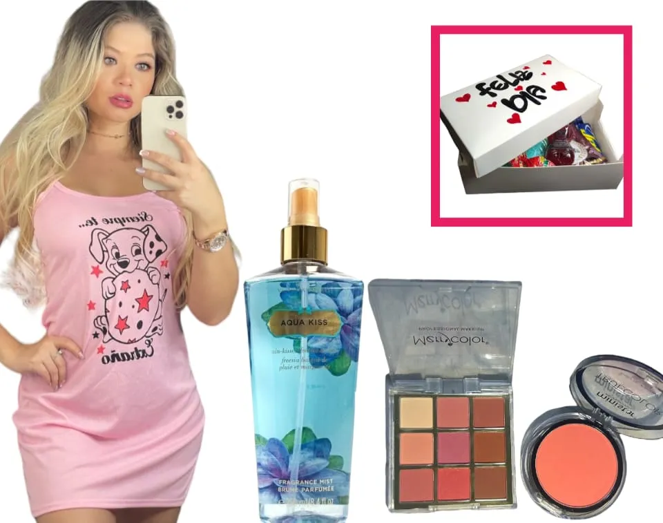 Pijama Para Dama + Splash Perfume Victoria Secret + Kit De Maquillaje (Labial, Sombra Y Rubor) + Obsequio Feromonas Kit Valentin's 