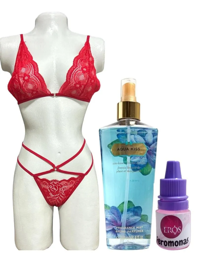 Lencería Sexy + Splash Perfume Victoria Secret + Feromonas Concentradas Conjunto Ropa Interior Para Dama San Valentín Kit