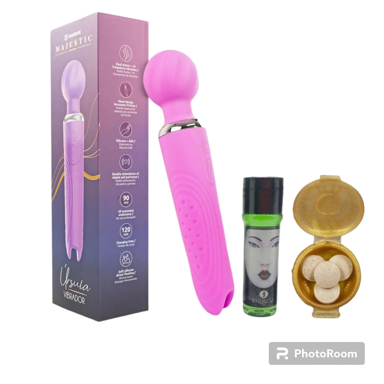 Vibrador Masajeador De Clítoris Hitachi Recargable Úrsula+ Multiorgasmo Doble Sensación+ Potenciador Sexual X 4 Pastillas