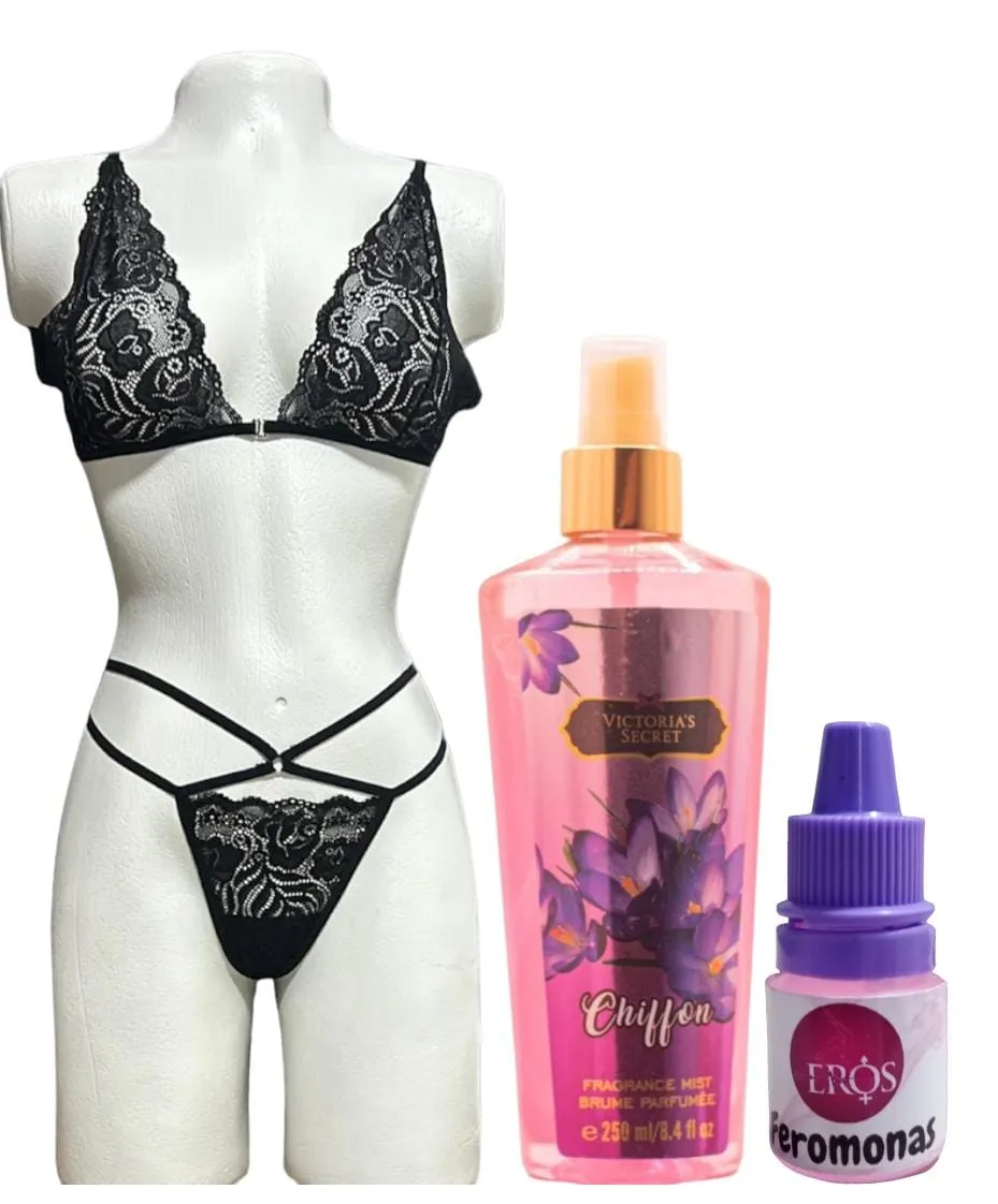 Lencería Sexy + Splash Perfume Victoria Secret + Feromonas Concentradas Conjunto Ropa Interior Para Dama San Valentín Kit