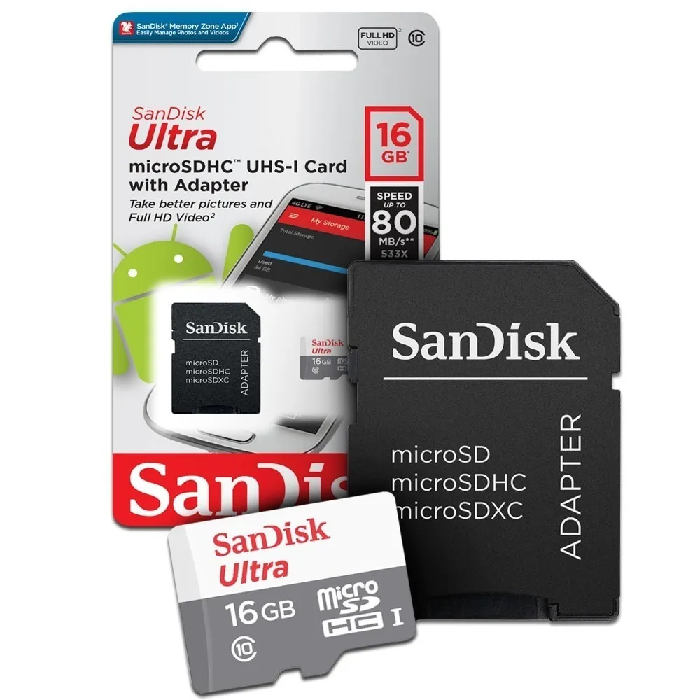 Tarjeta De Memoria Micro SD 16GB SanDisk Original Full HD Video 80 MB/S Real 