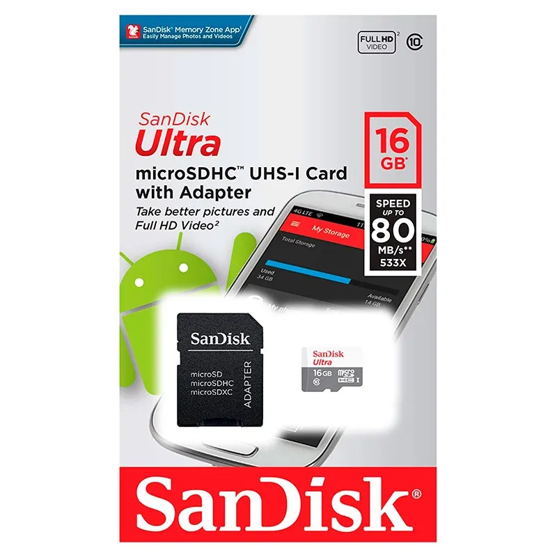 Tarjeta De Memoria Micro SD 16GB SanDisk Original Full HD Video 80 MB/S Real 