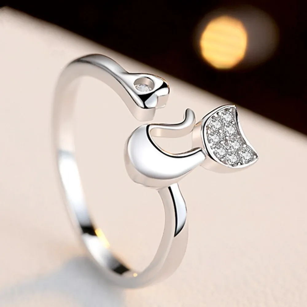 Anillo Argolla De Gato Ajustable Corazón Plateado