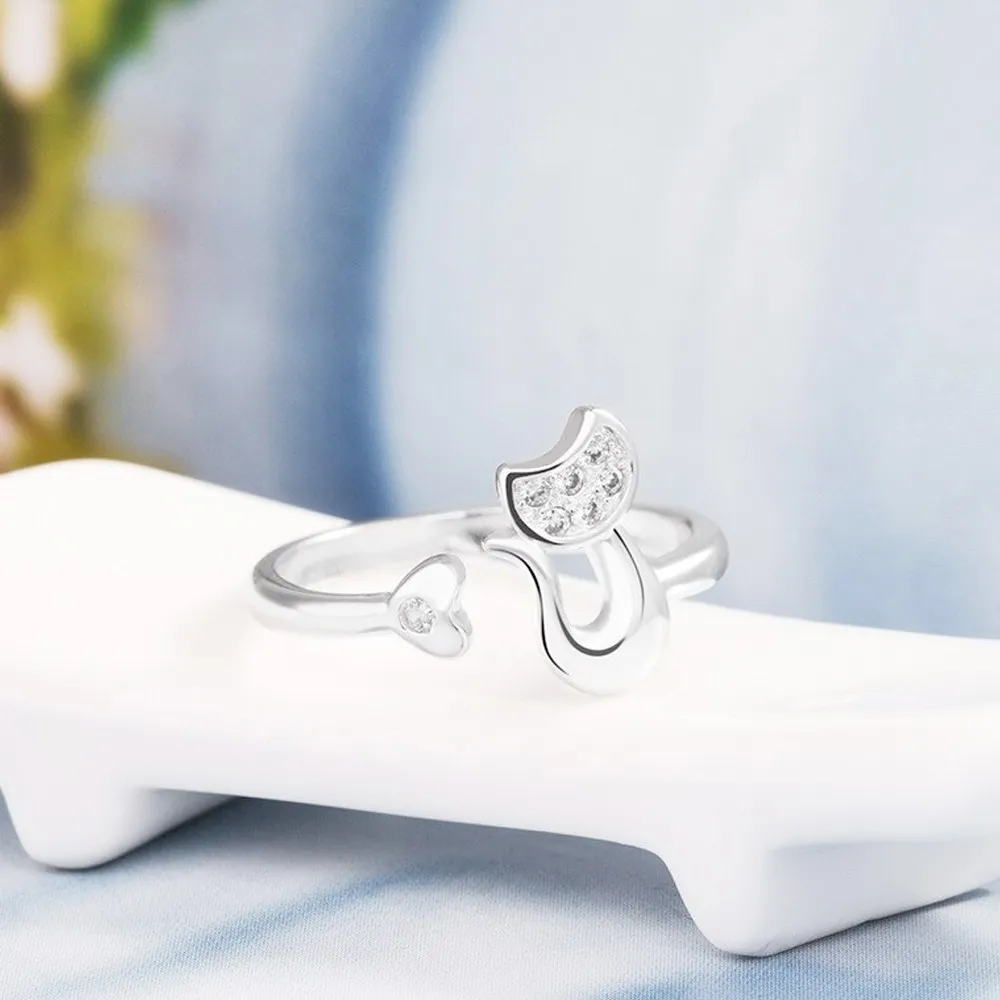 Anillo Argolla De Gato Ajustable Corazón Plateado