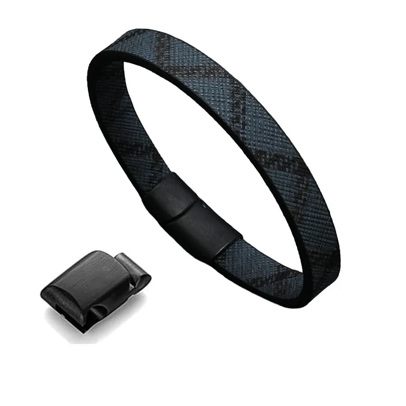 Manilla Pulsera Para Hombre Cuero Lineas Broche Magnético Azul oscuro