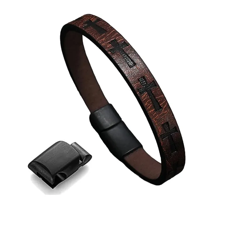 Manilla Pulsera Para Hombre Cuero Cruz Broche Magnético Marrón oscuro