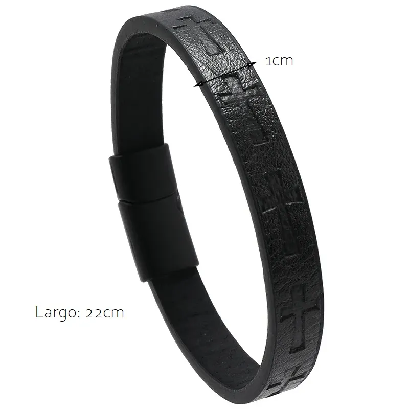 Manilla Pulsera Para Hombre Cuero Cruz Broche Magnético Marrón oscuro