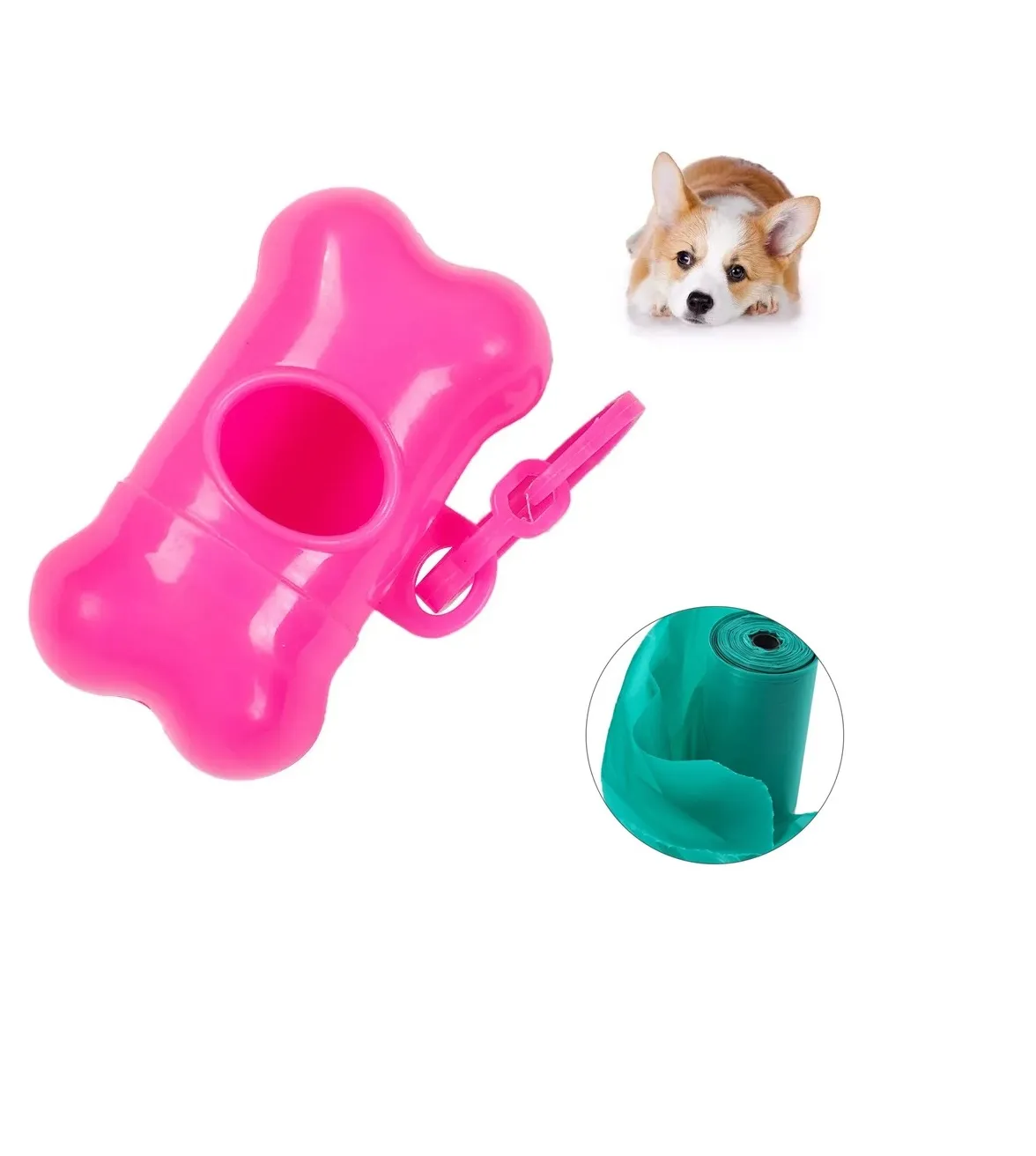 Hueso Dispensador De Bolsas Mascotas + 1 Rollo Color Fucsia