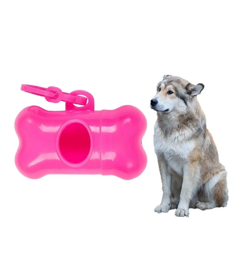 Hueso Dispensador De Bolsas Mascotas + 1 Rollo Color Fucsia