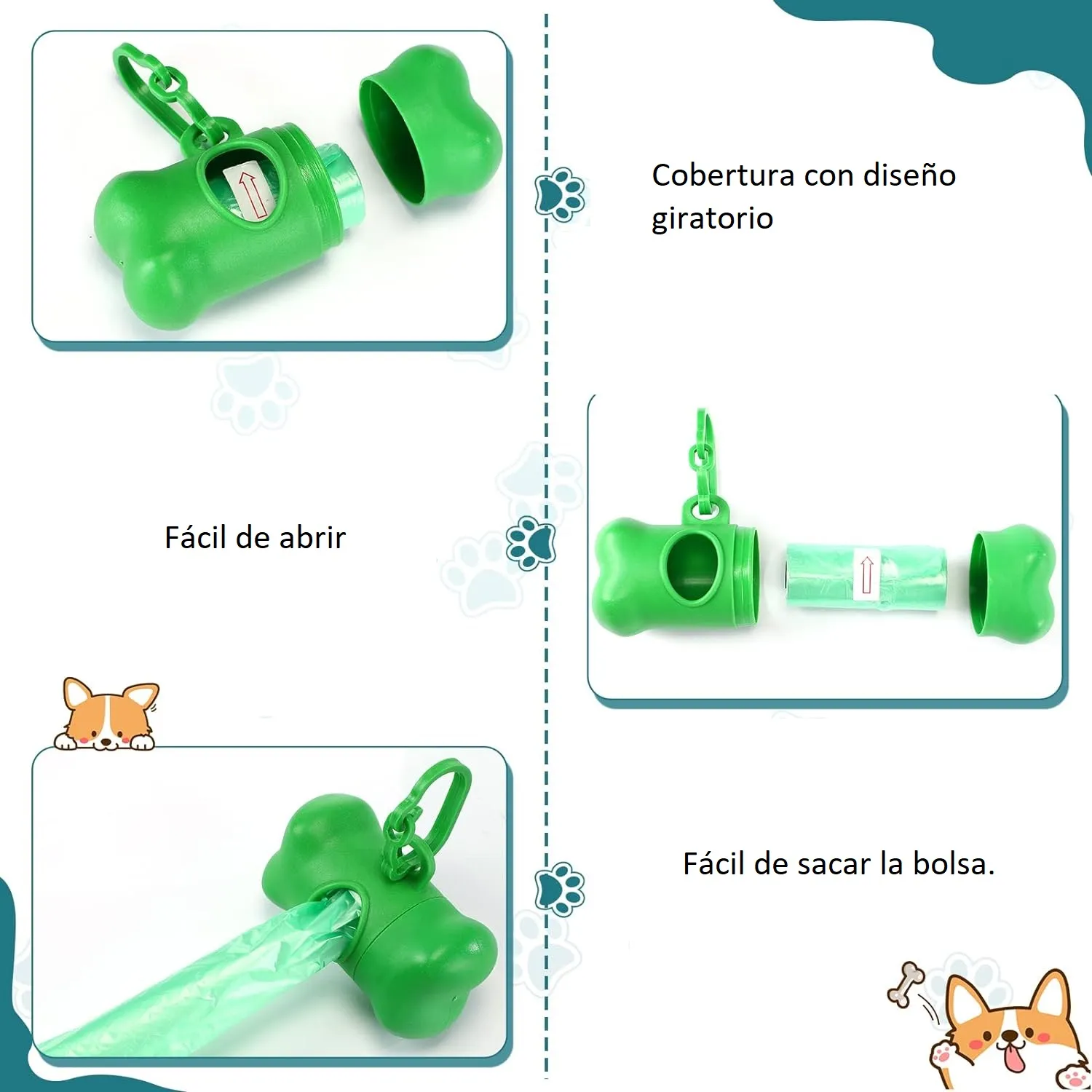 Hueso Dispensador De Bolsas Mascotas + 1 Rollo Color Verde Lima 