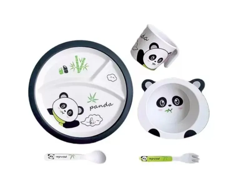 Set Vajilla Platos Oso Panda Bebe Infantil Bambú X 5 Piezas