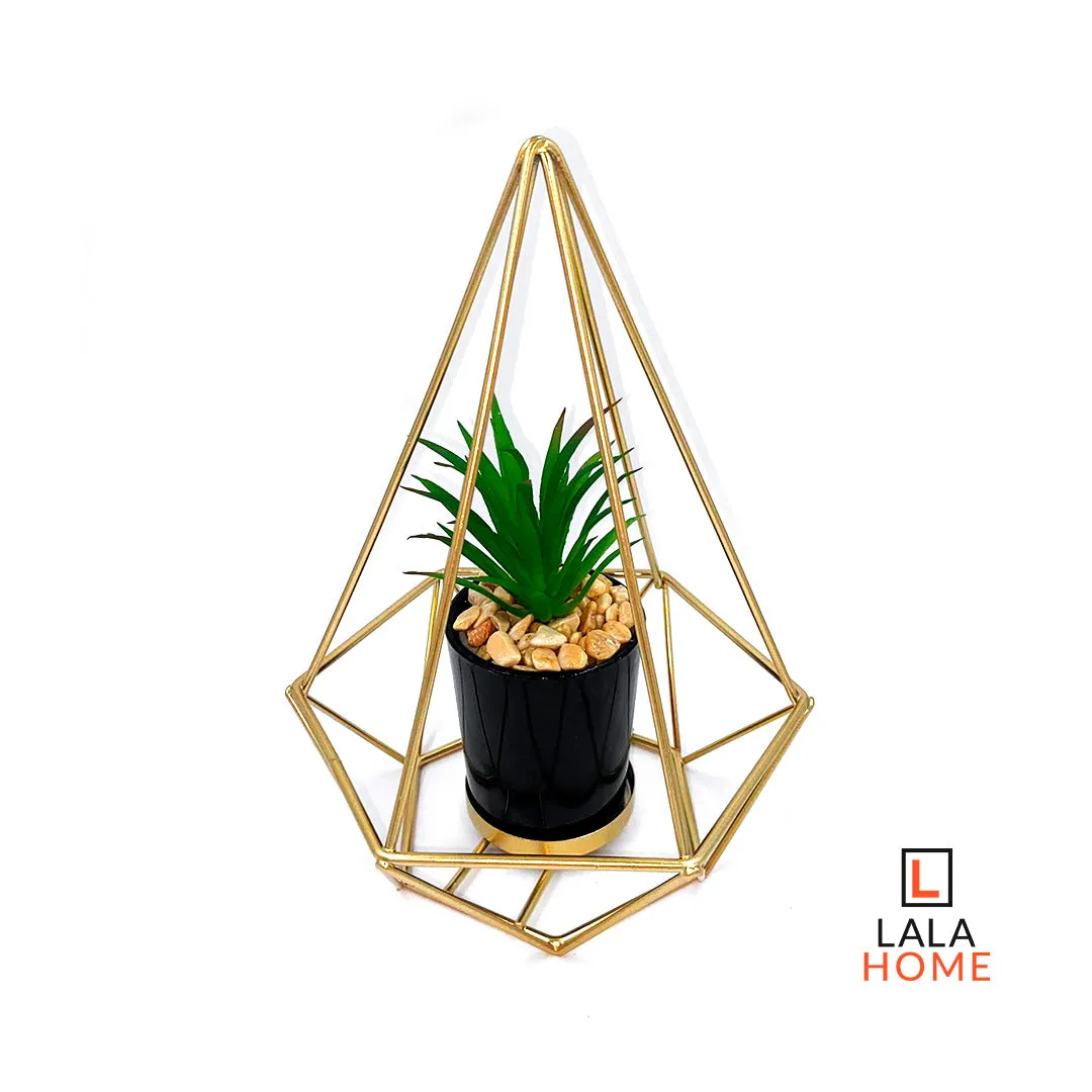 Planta Decorativa Con Base Tipo Jaula Cono Dorado