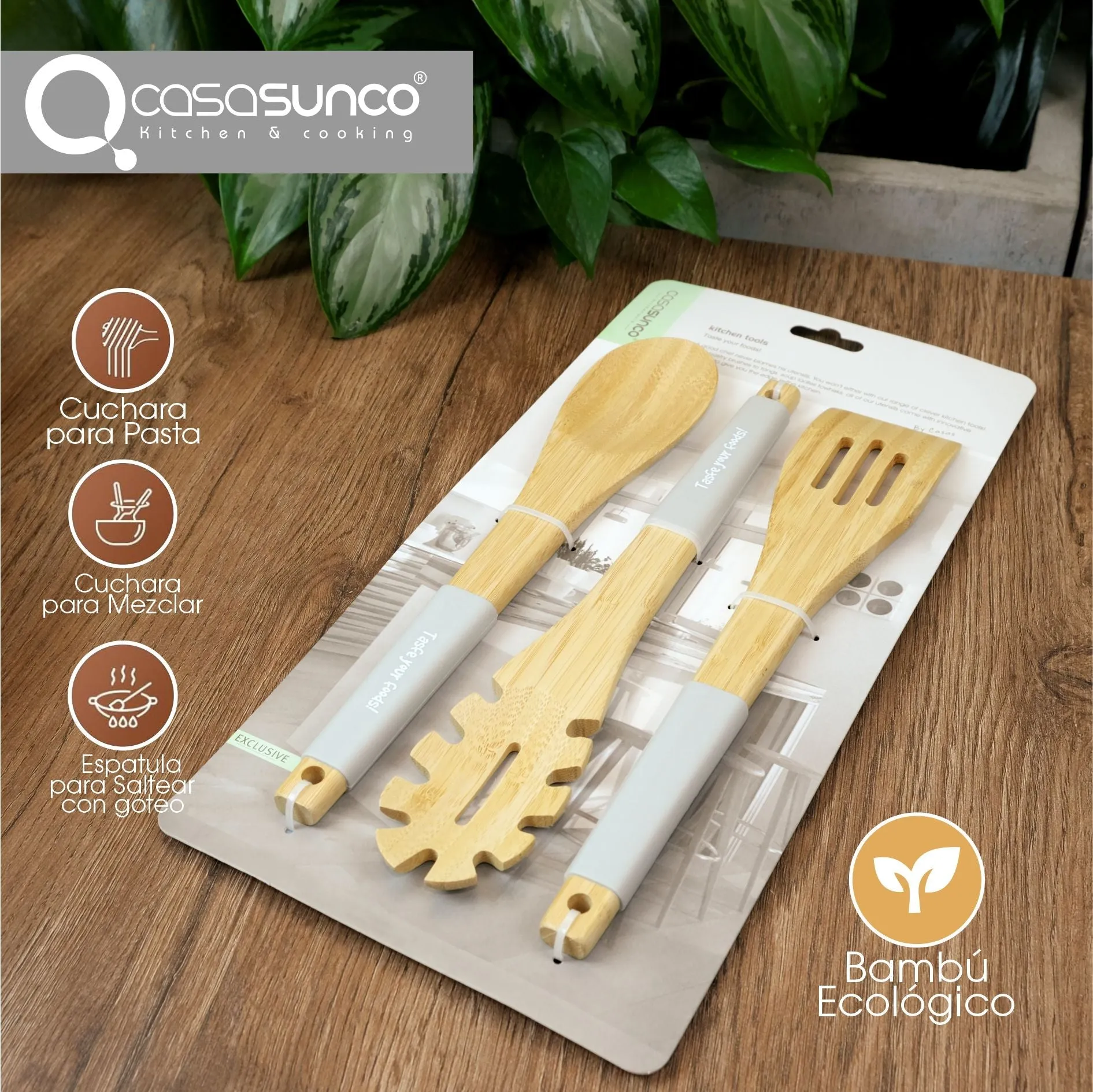 Set De Utensilios De Cocina Gris x3 En Bambú Casasunco