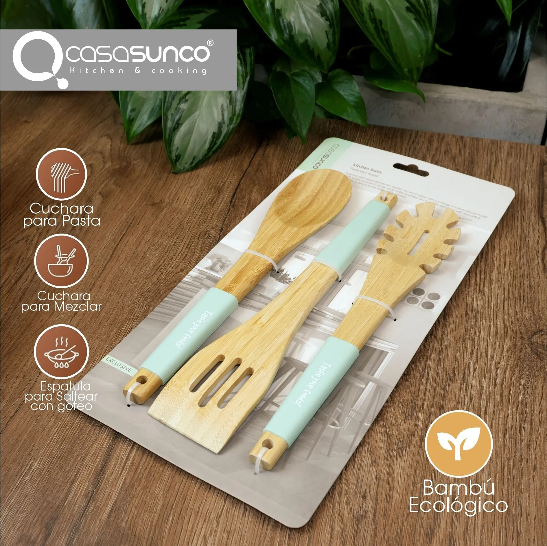 Set De Utensilios De Cocina Verde Menta x3 En Bambú Casasunco