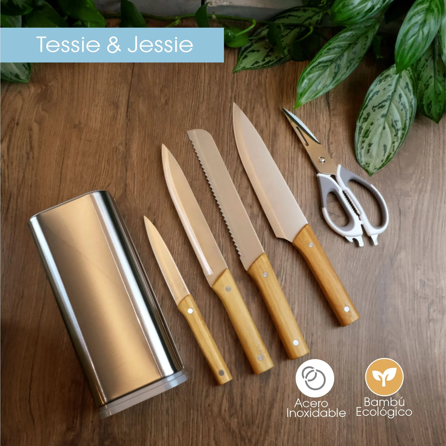 Set De Cuchillos Cacha Madera x6 Piezas Con Soporte Tessie & Jessie