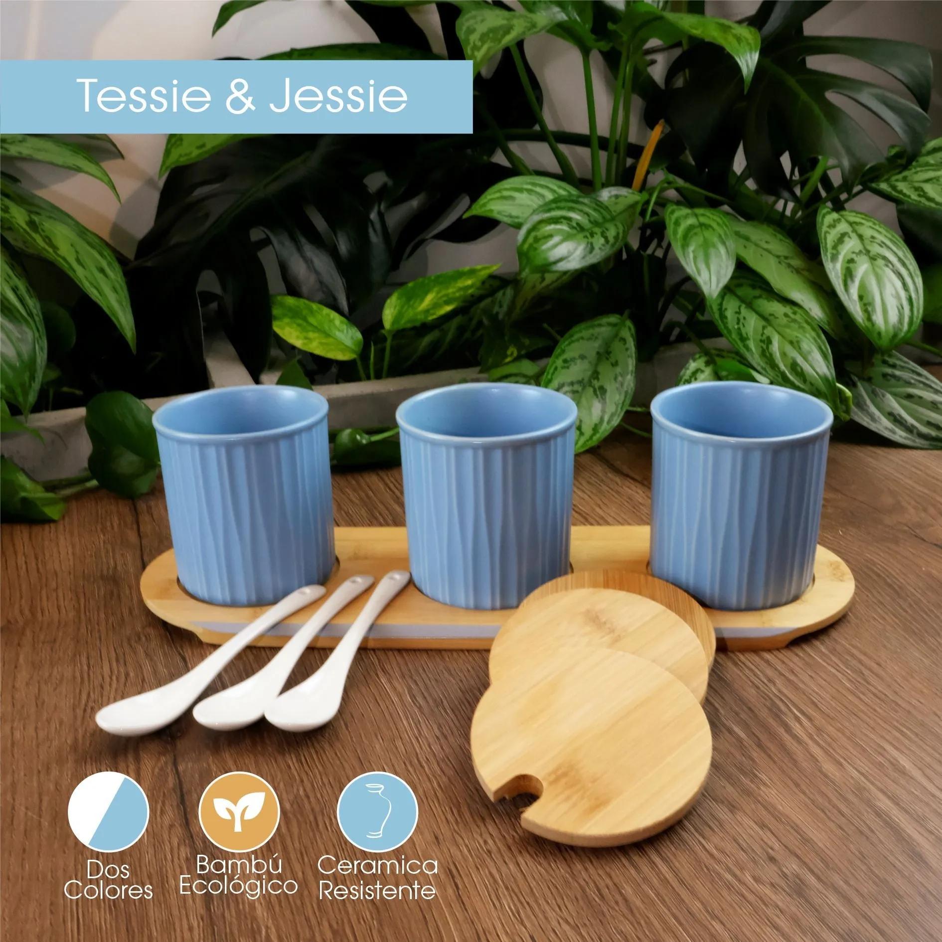 Set Condimenteros X3 En Ceramica Azul Cielo