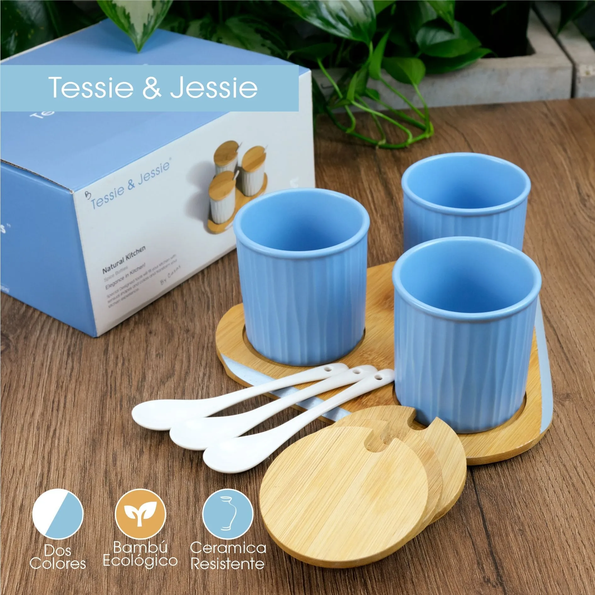 Set Condimenteros X3 En Triangulo Ceramica Azul Cielo