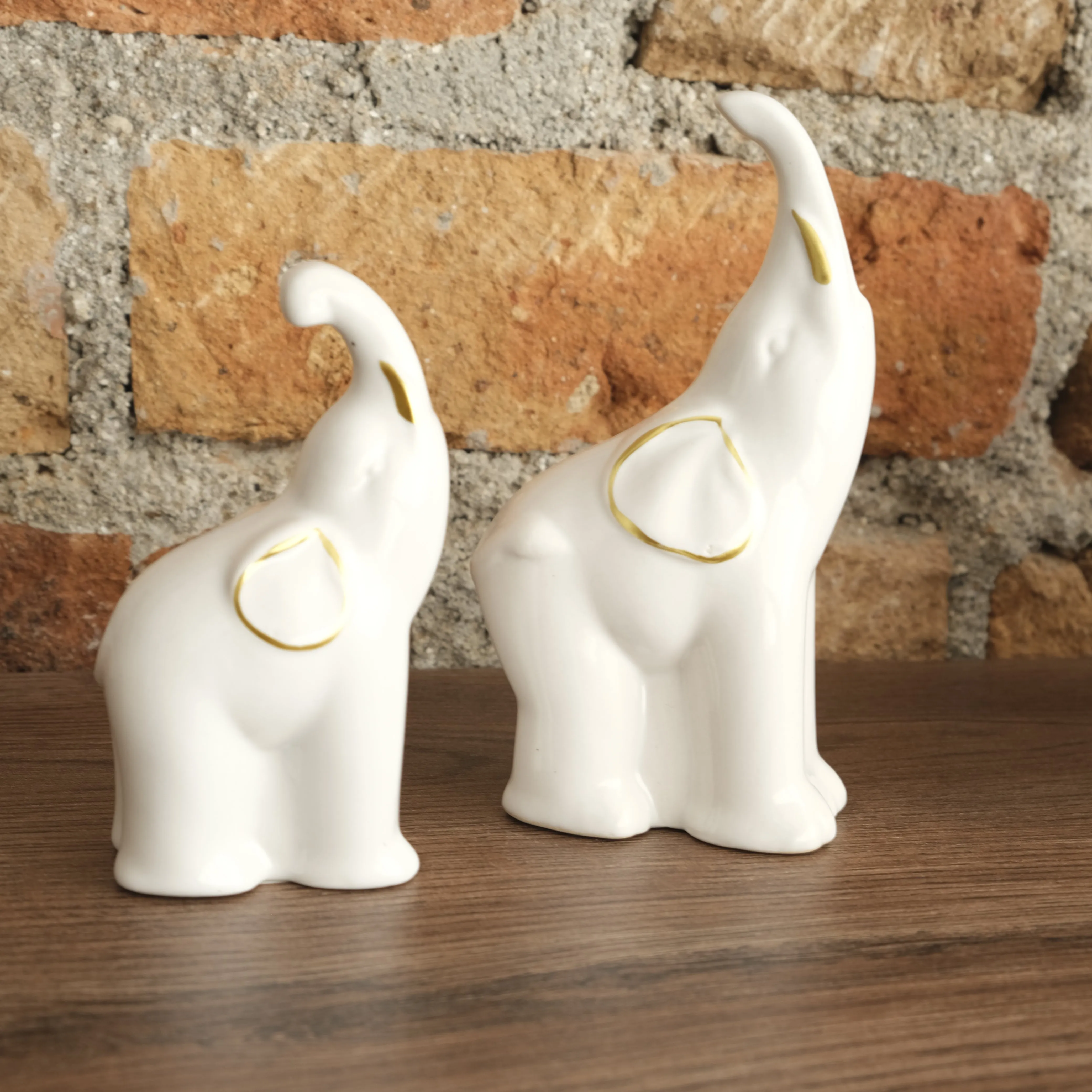 Elefante Decorativo X2 Blanco Con Dorado En Ceramica Lafe