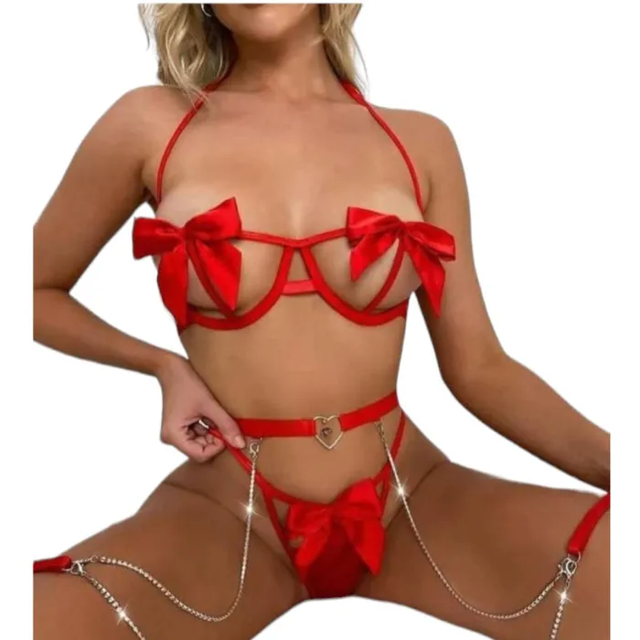 Conjunto Lenceria Sexy  Erótica Con Moño Rojo