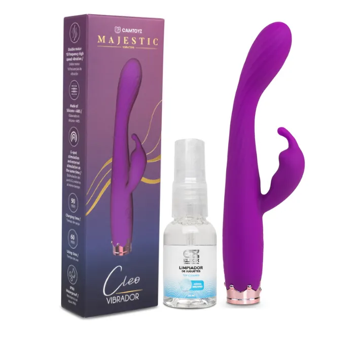 Vibrador Doble Estimulo Clitoris Y Punto G De Lujo Cleo 10 Modo De Vibracion (Recargable) + Limpiador De Juguetes Elixir Neutro 29 Ml