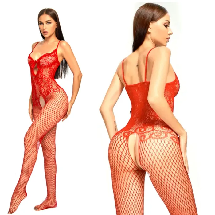 Lenceria Sexy Vestido Con Medias En Malla Erótica Rojo Flexible 