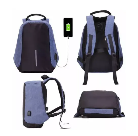 Bolso Mochila Morral Antirobo Con Puerto Usb Carga Azul Envio Gratis