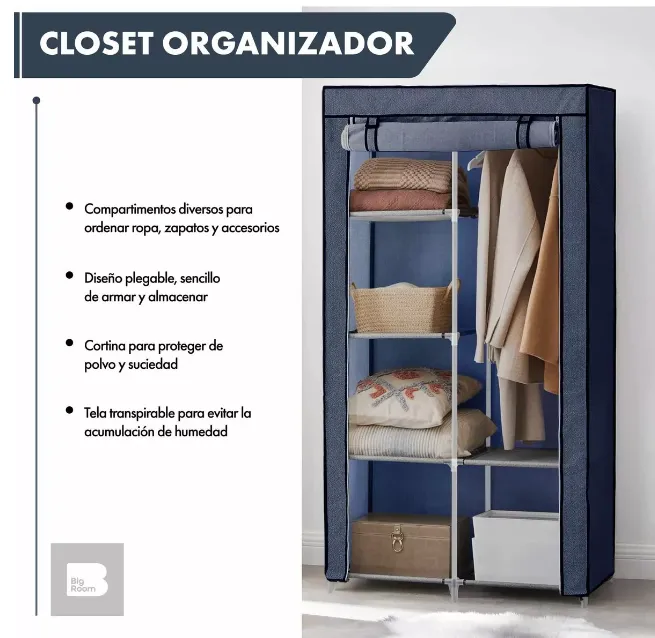 Mueble Closet Armario Organizador Tela Portatil Ropa Azul Envio Gratis