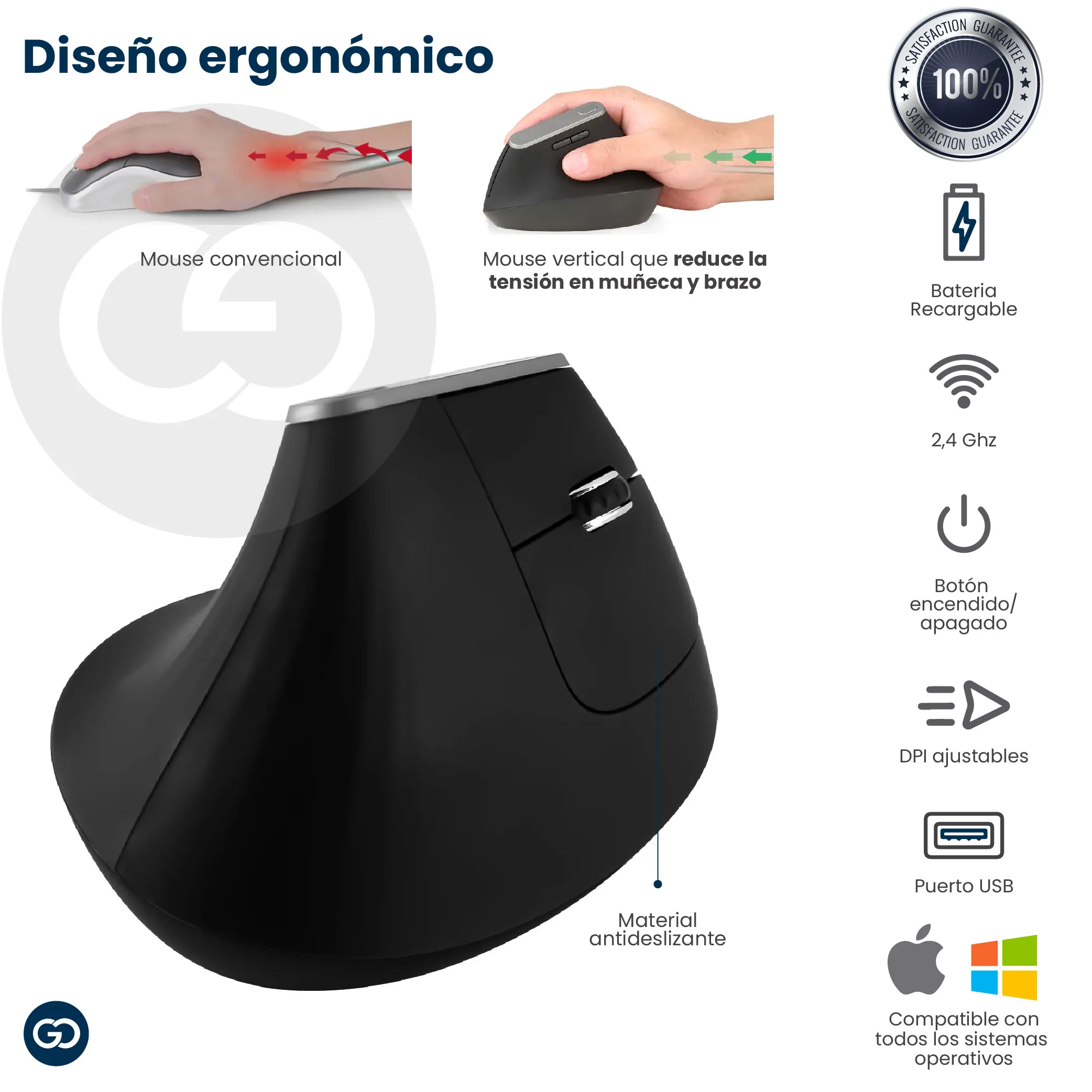 Mouse Vertical Inalámbrico Recargable Epic 6 Botones Confort