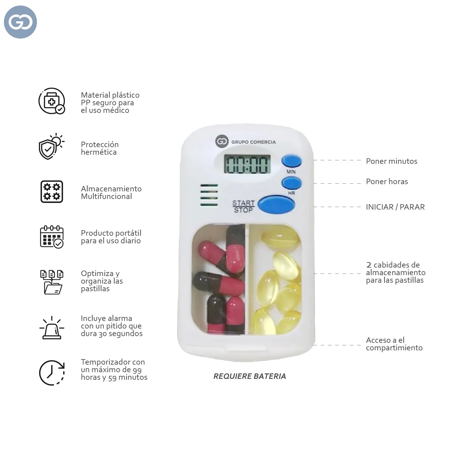 Pastillero Con Alarma 2 Compartimientos Portátil 