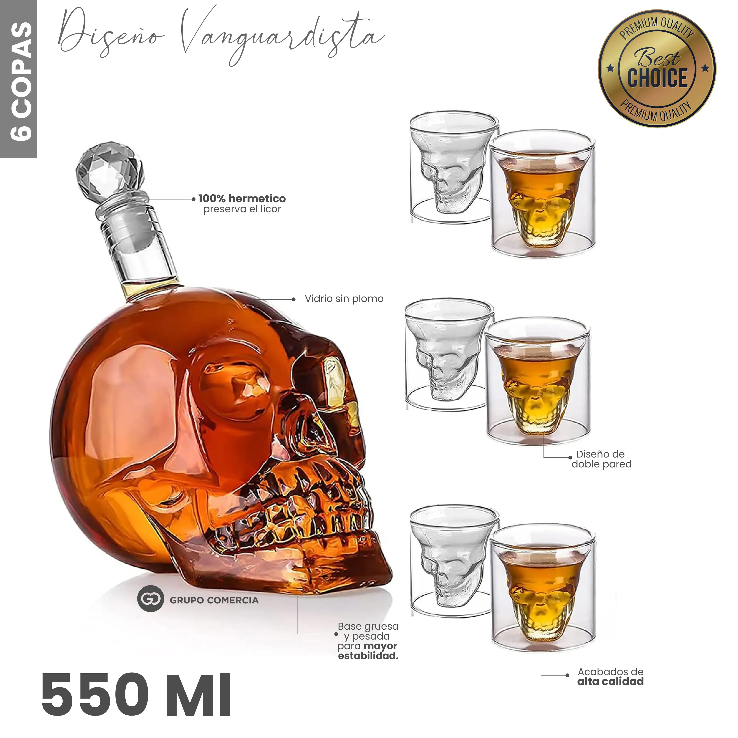 Set Diseño Diseño Cráneo 3d Licorera Decantadora + 4 Vasos