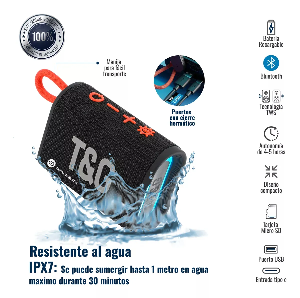 Parlante Bluetooth Resistente Al Agua Ipx7 Tws Usb Tipo C