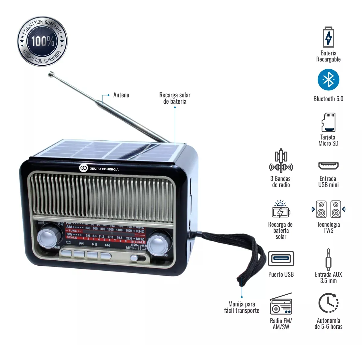 Radio Multifuncional 3 Bandas Recargable Panel Solar